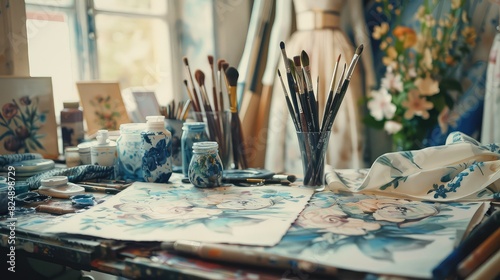 An artistic workplace with brushes and paints.