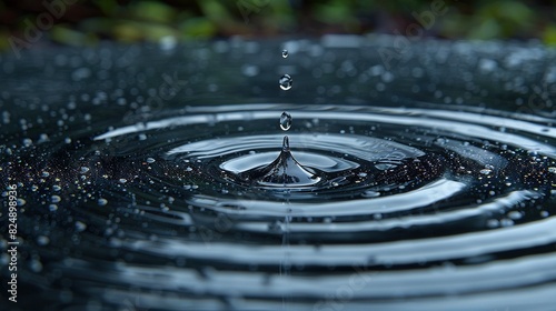  Close-up of a water droplet with droplets falling from above and below