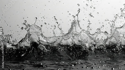  A B&W pic of water splashing on a body of water against a white sky backdrop
