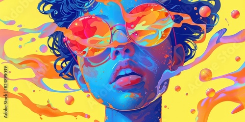 Colorful portrait of a woman wearing sunglasses with blue hair and yellow background.