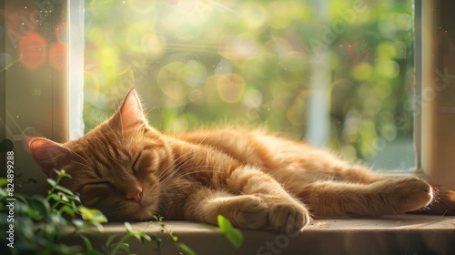 A plump cat sleeping on a windowsill, with a beautiful garden view in the background and soft sunlight streaming in.