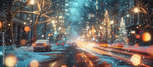 Wintry City Street Glowing with Festive Holiday Lights in Soft Focus