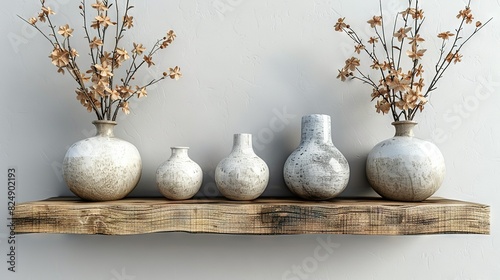  A group of vases arranged on a wooden shelf against a wall