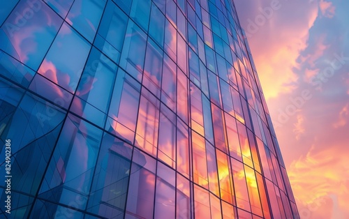 Sunset reflections on a modern glass skyscraper.