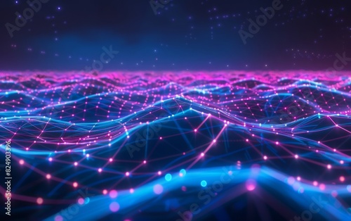 Vibrant digital landscape with interconnected neon lines and nodes.