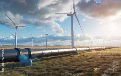 Wind turbines and a large pipeline across a sunny field.