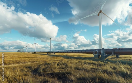 Wind turbines and a large pipeline across a sunny field.