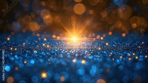  A bright sun shines over a dark blue background, creating a boke of light and sparkling on the ground
