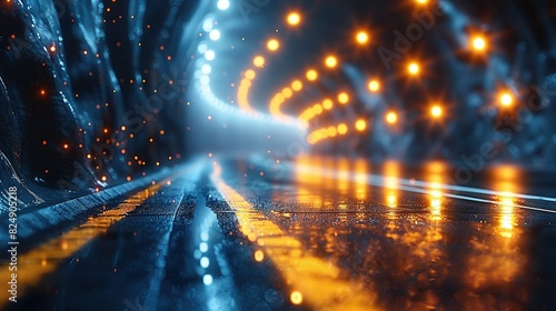  a well-lit tunnel with a wet road on the opposite side
