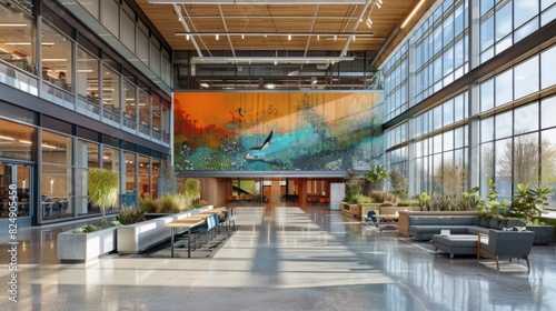 A collaborative workspace with an eco-friendly design, featuring a large mural of a thriving ecosystem