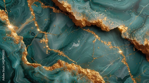  A macro shot of a metallic blue-and-gold marbled surface, adorned with glistening gold borders