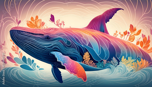 Colorful Humpback whale with continuous one line style.