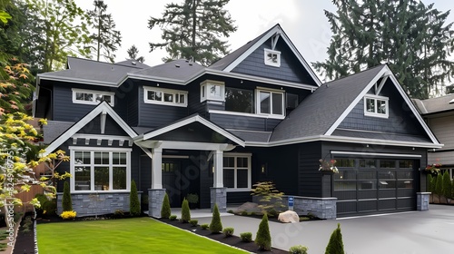 Craft man house exterior with charcoal grey walls and white trims