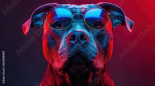  A close-up image of a dog in sunglasses, with reflected red and blue light on its face