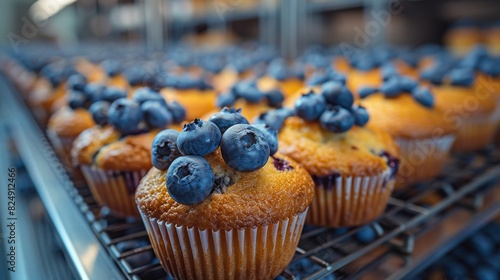 Rows of freshly baked blueberry muffins with visible berries on top, set on cooling racks in a commercial kitchen background