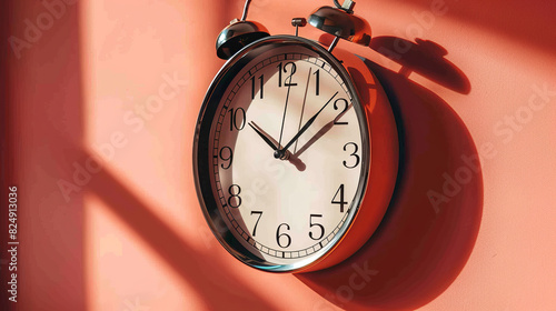 Classic Black and White Analogue Alarm Clock on Soft Pink Background, time management and lateness