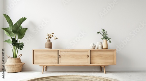 Interior design of a wood cabinet and accessories in a living room against a blank white wall