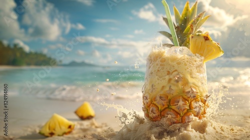 A creamy pina colada served in a hollowedout pineapple with a tropical straw on a sandy beach