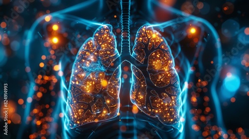 Abstract Human Lungs with Glowing Particles