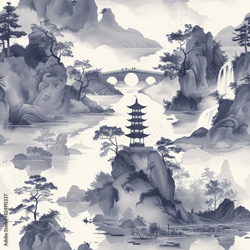 Traditional Chinese Landscape Seamless Pattern with Mountains, Rivers, and Pagodas
