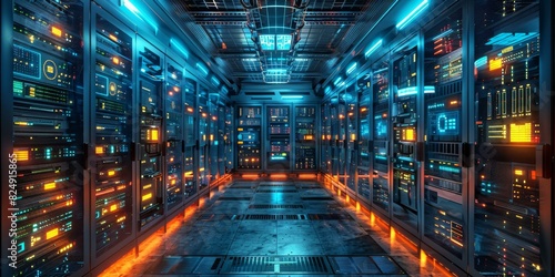 Futuristic server room with blue and orange lights
