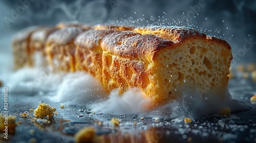  An image of bread, dusted with powdered sugar, and sprinkled with orange zest, resting atop an orange-laden table