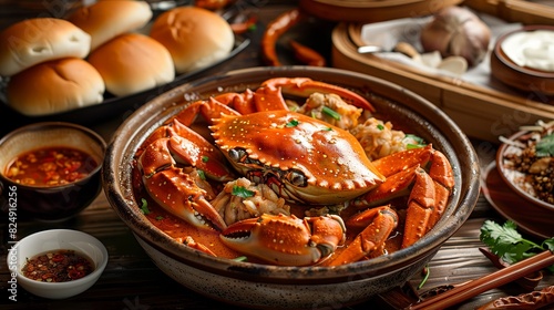 A dish of Singapore chili crab with a tangy, spicy sauce and steamed buns in a vibrant seafood restaurant