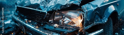Close-up of a heavily damaged car front after an accident under a cloudy sky, showcasing wreckage, insurance concept, and safety alert.