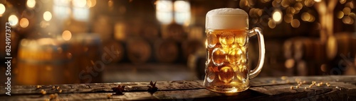 A frosty German beer stein filled with golden lager, sitting on a wooden bench at an Oktoberfest celebration