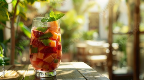 A glass of sangria filled with colorful fruit chunks and a sprig of mint, served on a patio in Spain