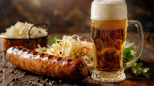 A hearty German bratwurst with sauerkraut and a tall glass of wheat beer