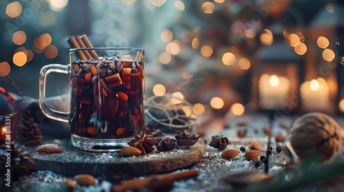 A glass of traditional Finnish glogg with almonds and raisins, served warm in a festive winter setting