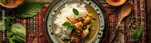 A highangle shot of a beautifully plated green curry with chicken, served with jasmine rice and fresh herbs on a traditional Thai tablecloth