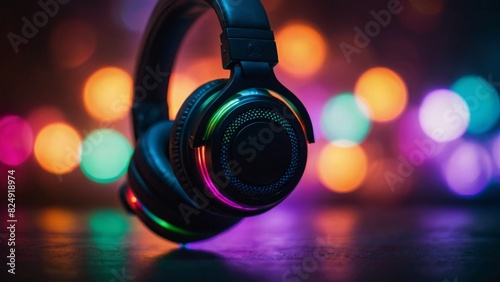 Headphones on a background of colorful lights