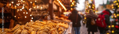 A highangle shot of a festive Polish market stall selling pierogi, with traditional decorations and festive lighting creating a warm atmosphere