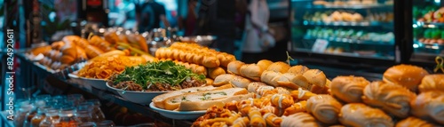 A highangle shot of a Vietnamese bakery filled with banh mi and various pastries, with a lively street scene in the background