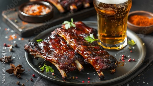 A plate of American BBQ ribs with a glass of cold craft beer