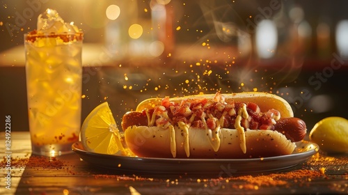 A plate of American hot dog with a glass of lemonade