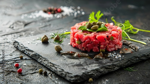 Gourmet steak tartare with anchovy fillets and capers, elegantly arranged on a stone slate
