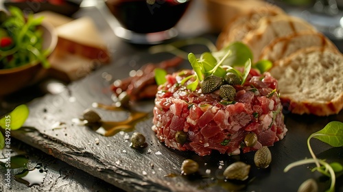 Gourmet steak tartare with anchovy fillets and capers, elegantly arranged on a stone slate