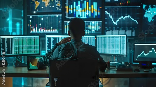 Investor analyzing financial data on multiple digital screens, surrounded by charts, graphs, and financial reports