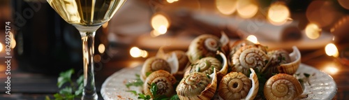 A platter of French escargot with a glass of white wine