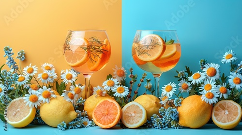  A table adorned with glass-filled oranges and lemons, positioned beside a daisy bouquet