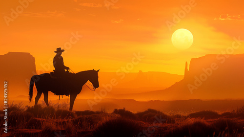 The silhouette of a cowboy riding a horse on the prairies against the background of the sunset. A cowboy on a horse in a field.