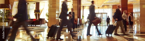 Motion-blurred business people walking through a hotel lobby, with suitcases and business attire