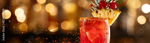 A refreshing Singapore Sling with pineapple and cherry garnish, served in a stylish hotel bar
