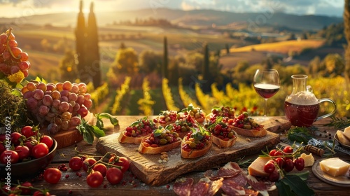 A rustic Italian countryside picnic scene featuring various bruschettas with fresh toppings, surrounded by vineyards and rolling hills under the golden hour sun