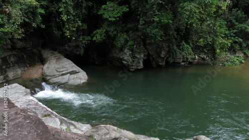 A pond in the jungle. A mountain river with rocky banks forms a lagoon in the jungle.