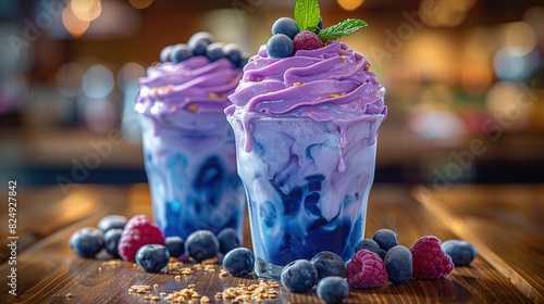  Two cups of ice cream with berries and blueberries on a table in front of blurry background lights