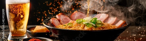 A steaming bowl of Japanese ramen with slices of tender pork and a tall glass of refreshing cold beer